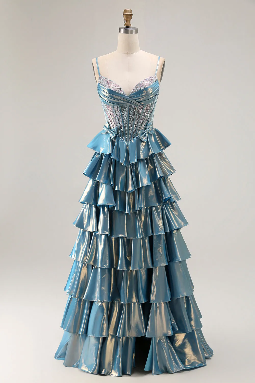 Blue Metallic A-Line Pleated Tiered Corset Beaded Long Prom Dress with Bows sold by Wedtrend