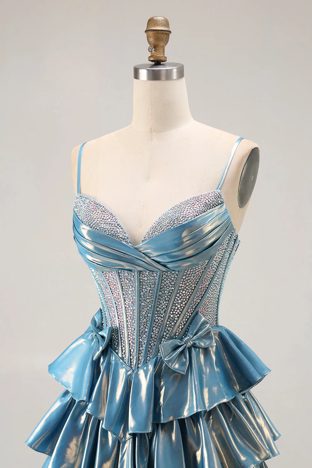 Blue Metallic A-Line Pleated Tiered Corset Beaded Long Prom Dress with Bows sold by Wedtrend product image thumbnail 5