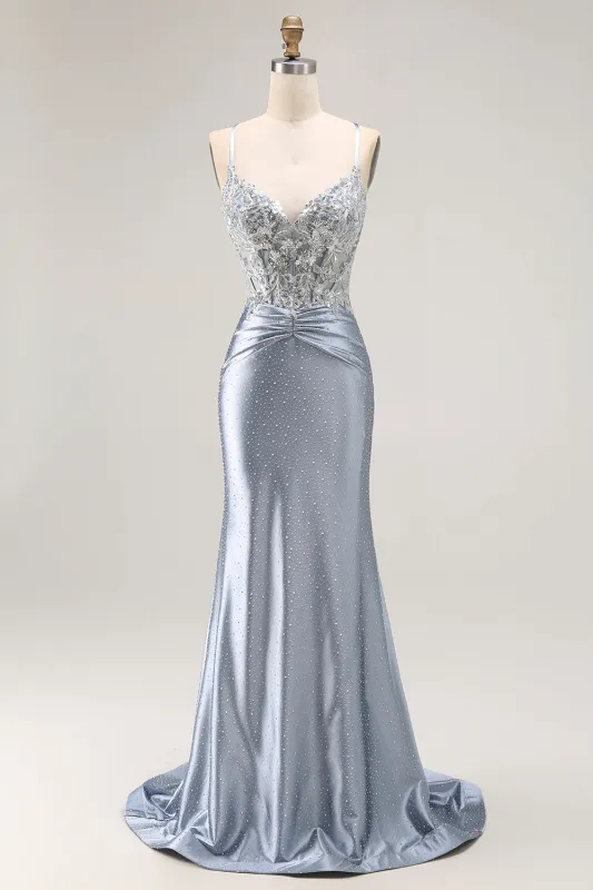 Grey Blue Mermaid Corset Sequins Long Prom Dress with Beading made by Wedtrend