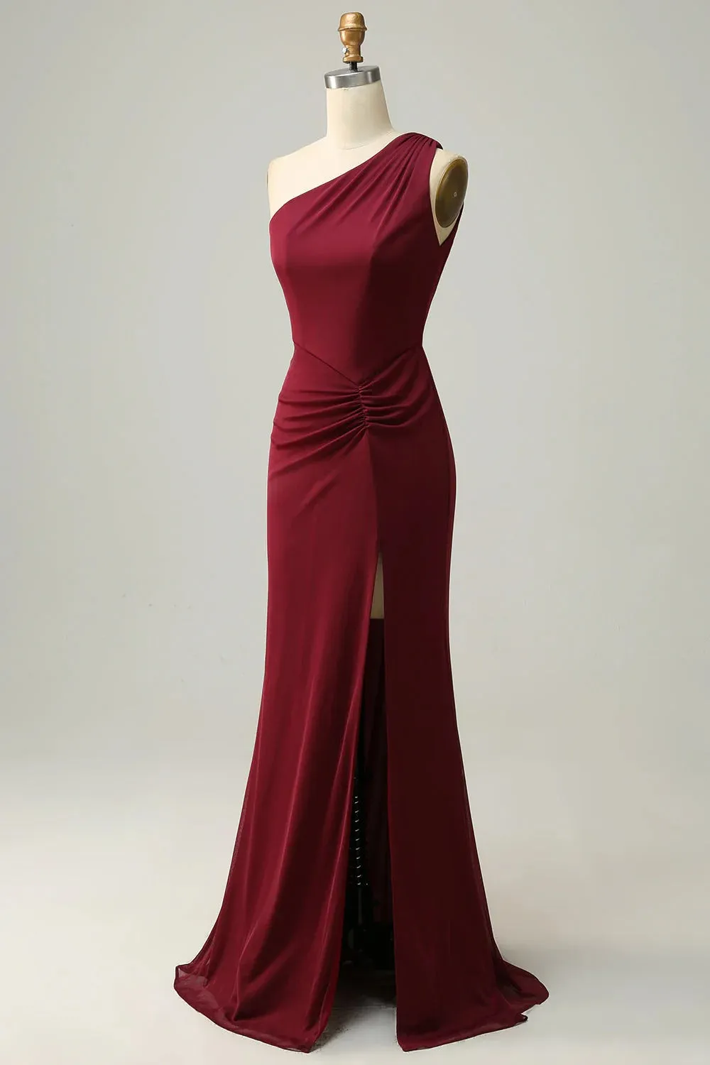 Burgundy Mermaid One Shoulder Ruched Long Bridesmaid Dress with Slit sold by Wedtrend product image thumbnail 3