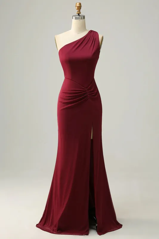 Burgundy Mermaid One Shoulder Ruched Long Bridesmaid Dress with Slit sold by Wedtrend