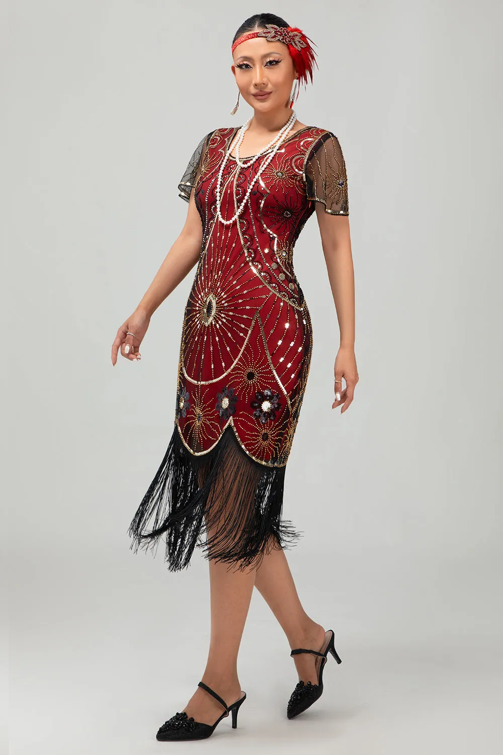 Gatsby Black Red Scoop Fringed Bodycon1920s Dress with Sequins sold by Wedtrend product image thumbnail 3