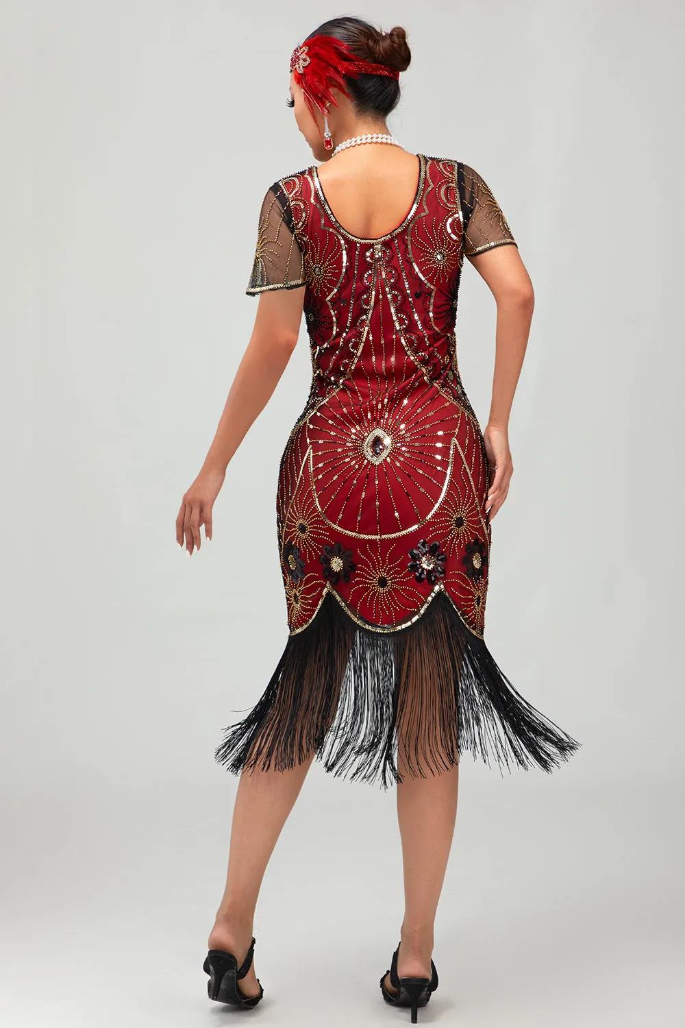 Gatsby Black Red Scoop Fringed Bodycon1920s Dress with Sequins sold by Wedtrend product image thumbnail 2