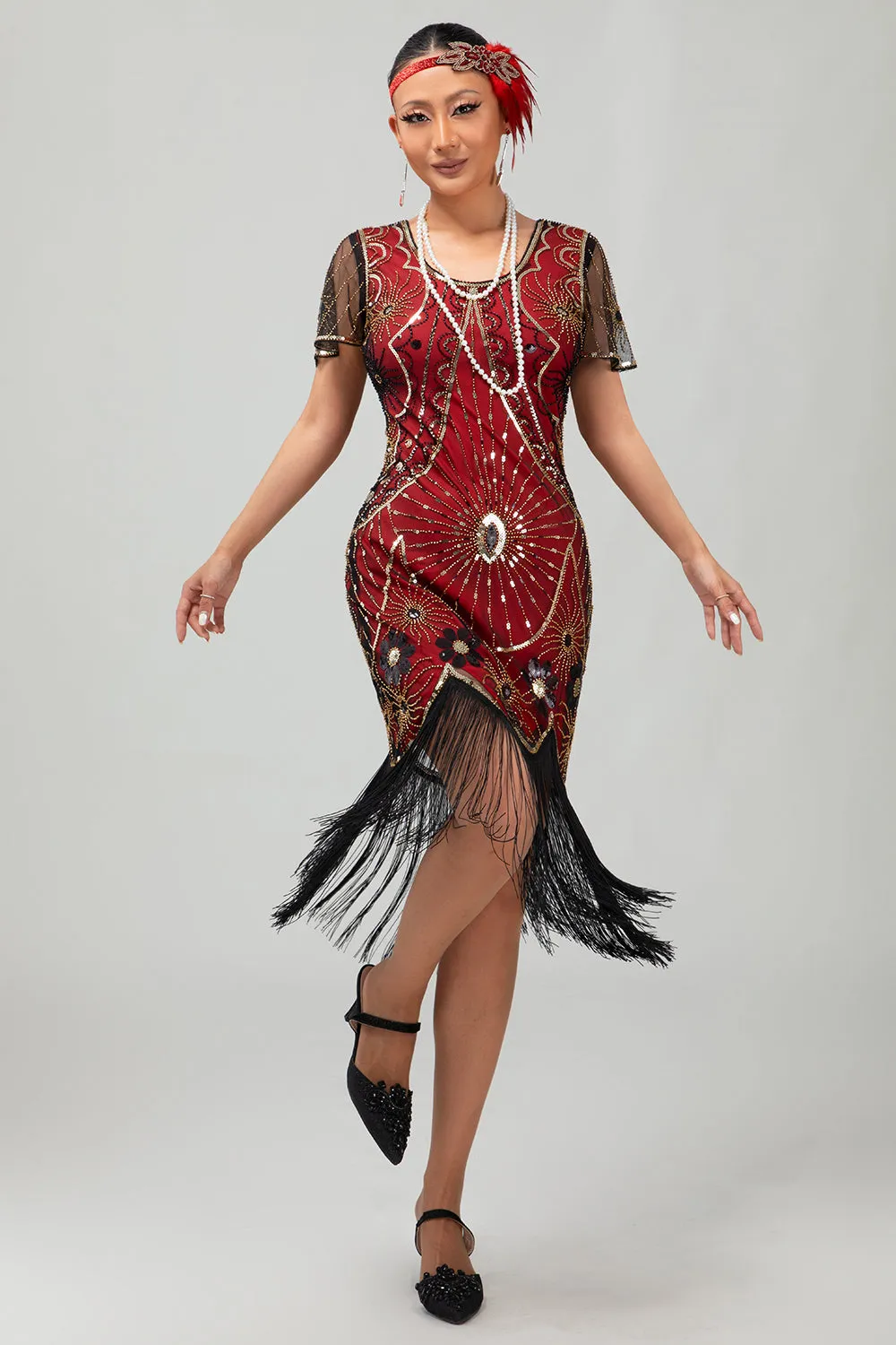 Gatsby Black Red Scoop Fringed Bodycon1920s Dress with Sequins sold by Wedtrend product image thumbnail 4
