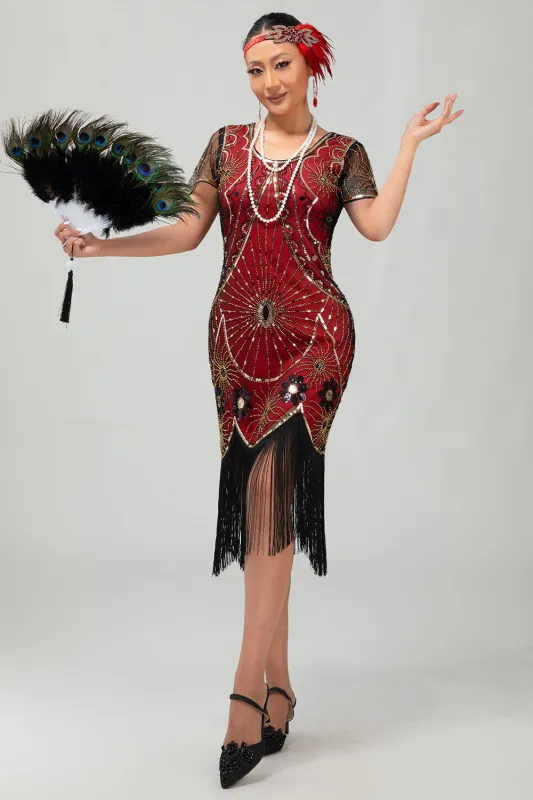 Gatsby Black Red Scoop Fringed Bodycon1920s Dress with Sequins made by Wedtrend