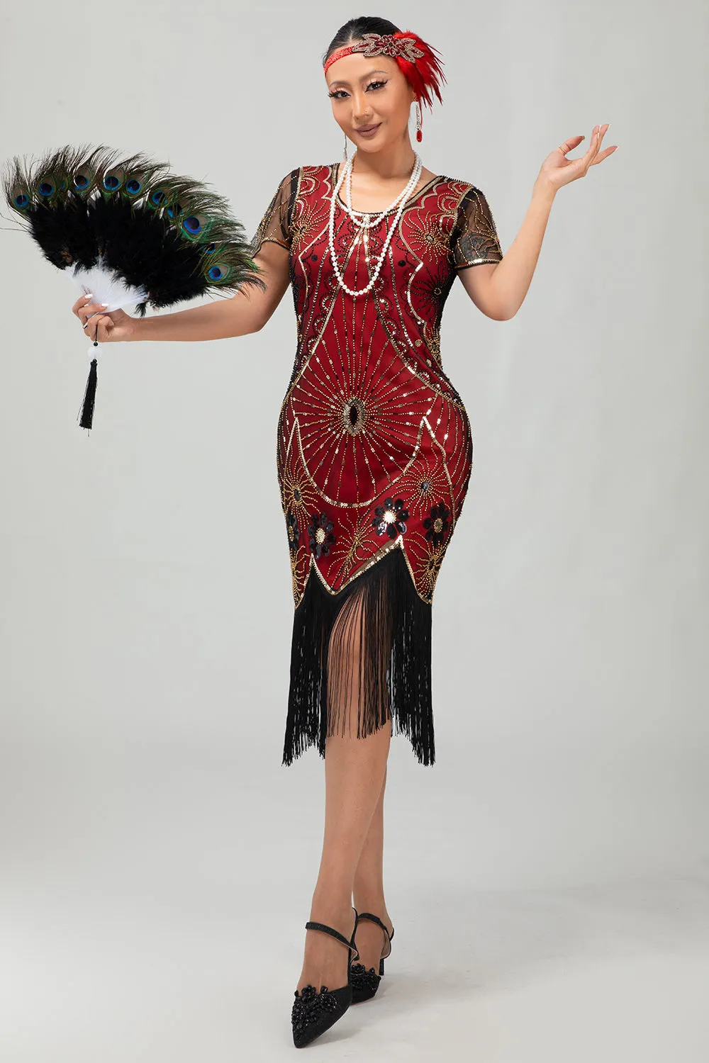 Gatsby Black Red Scoop Fringed Bodycon1920s Dress with Sequins sold by Wedtrend
