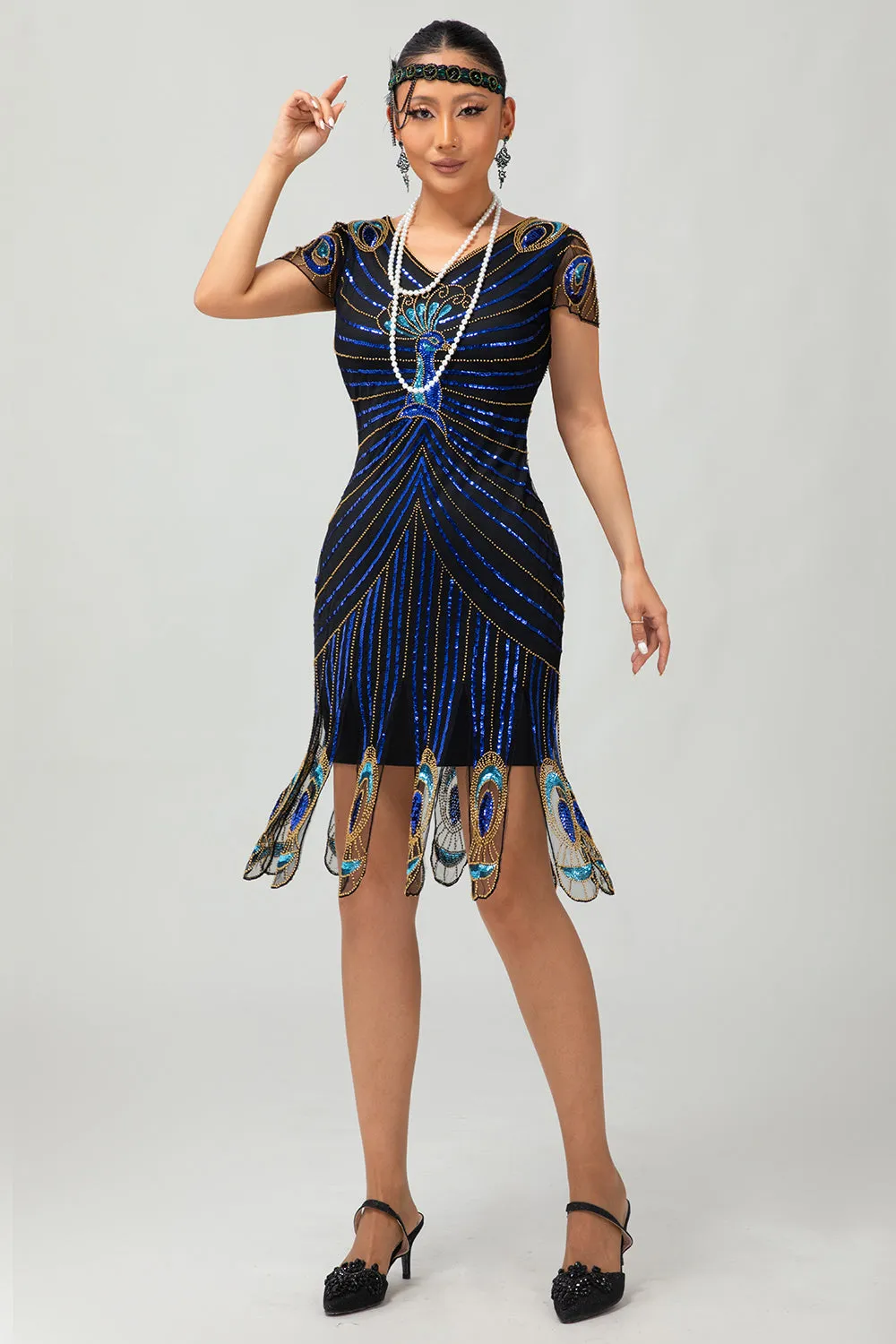 Sequin Black Blue 1920s Bodycon Gatsby Dress with Short Sleeves sold by Wedtrend product image thumbnail 4