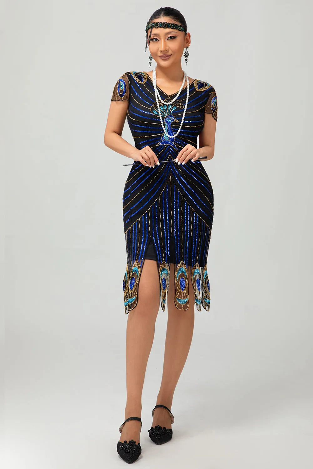 Sequin Black Blue 1920s Bodycon Gatsby Dress with Short Sleeves sold by Wedtrend product image thumbnail 3