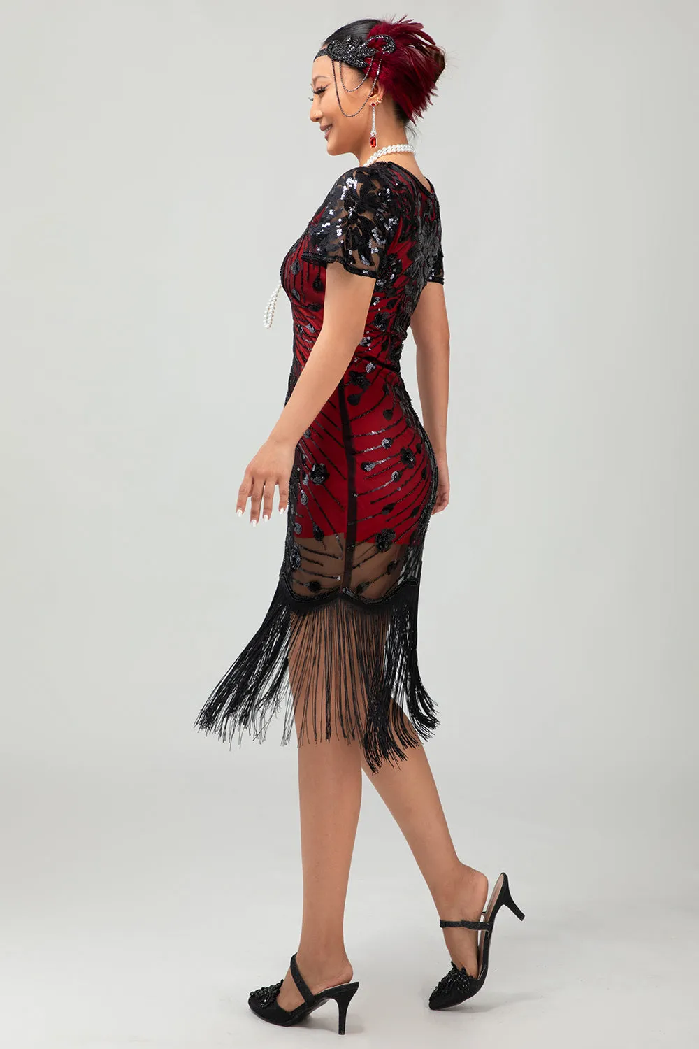 Black Red Fringed 1920s Sequin Flapper Dress sold by Wedtrend product image thumbnail 3
