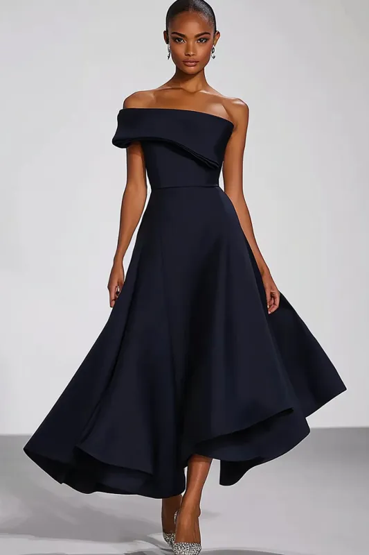 Navy One Shoulder A Line Satin Formal Dress made by Wedtrend