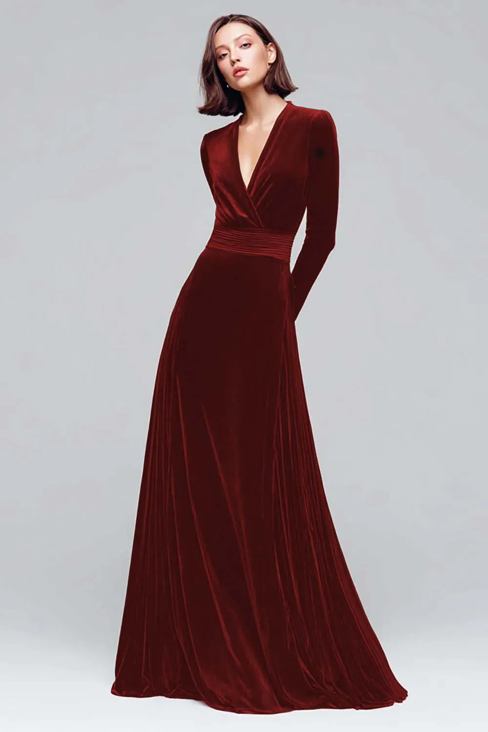 Black Velvet A Line V-Neck Long Sleeves Maxi Holiday Party Dress sold by Wedtrend product image thumbnail 3