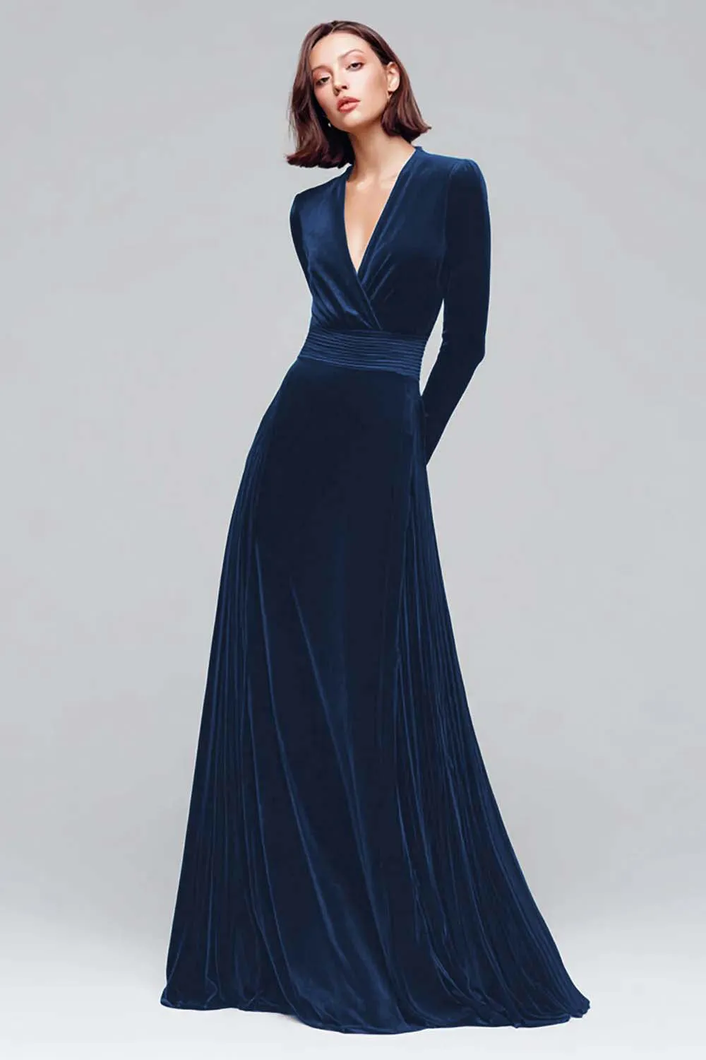 Black Velvet A Line V-Neck Long Sleeves Maxi Holiday Party Dress sold by Wedtrend product image thumbnail 4