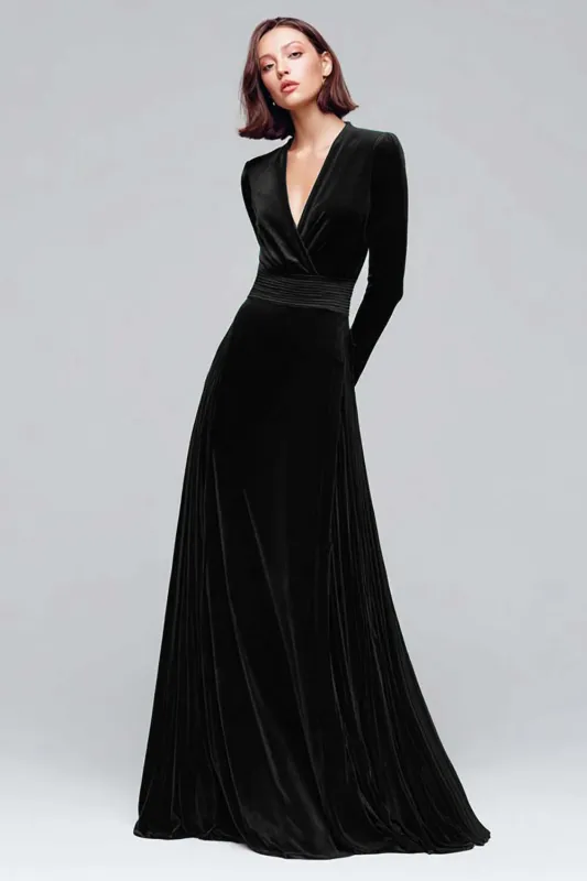 Black Velvet A Line V-Neck Long Sleeves Maxi Holiday Party Dress made by Wedtrend