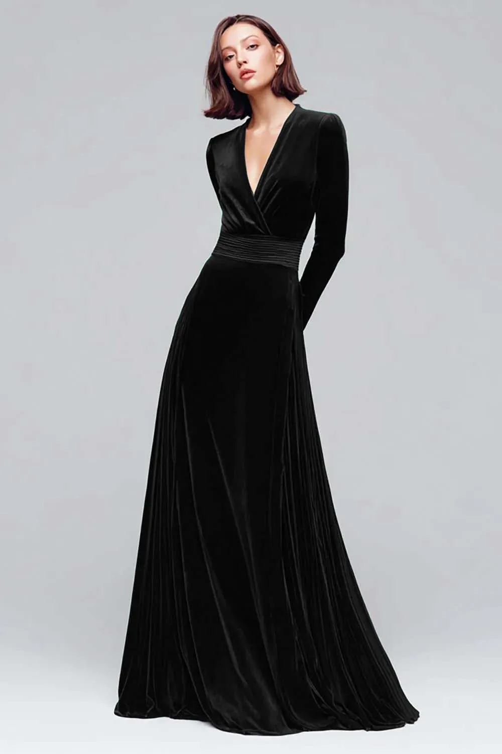 Black Velvet A Line V-Neck Long Sleeves Maxi Holiday Party Dress sold by Wedtrend
