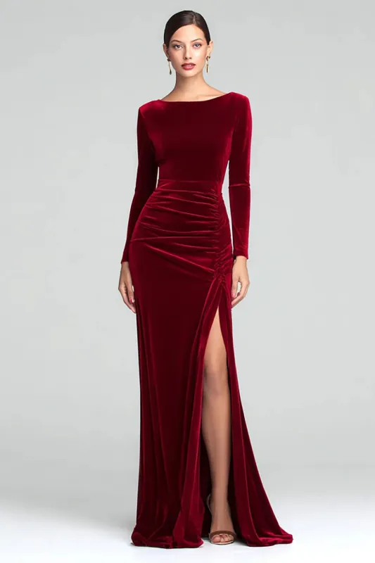 Burgundy Sheath Velvet Long Sleeves Formal Dress with Slit made by Wedtrend