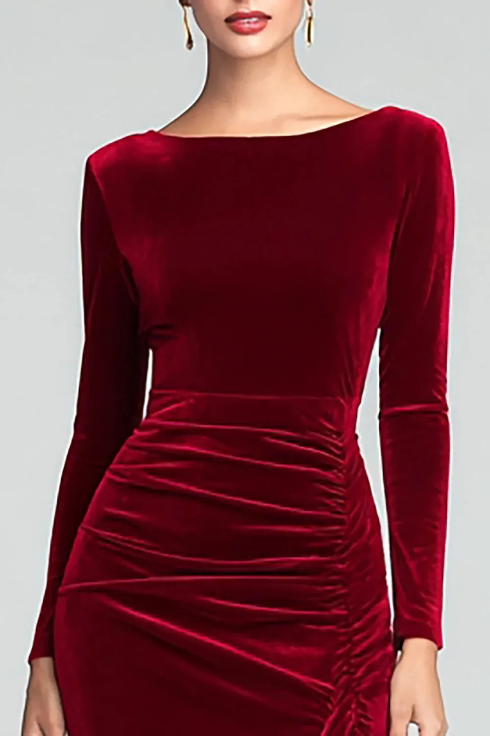 Burgundy Sheath Velvet Long Sleeves Formal Dress with Slit sold by Wedtrend product image thumbnail 2