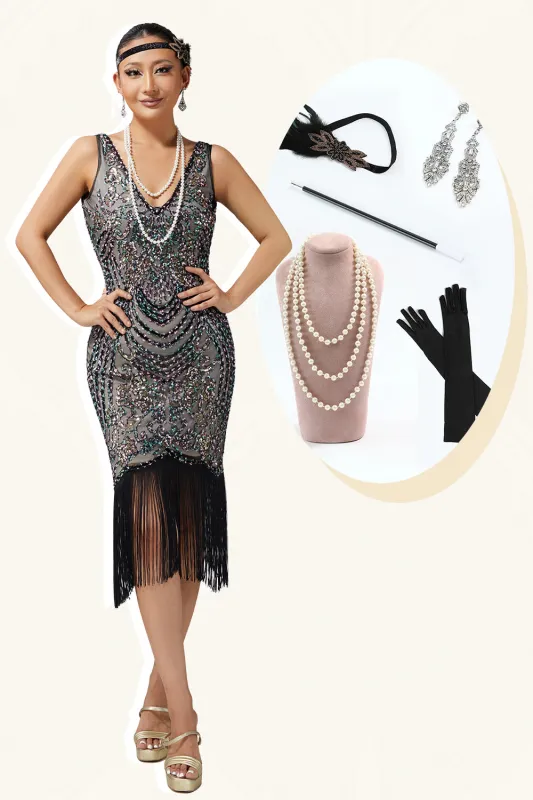 Sparkly Black Apricot V-Neck Fringed Bodycon 1920s Dress with 5-Piece Accessories Set sold by Wedtrend
