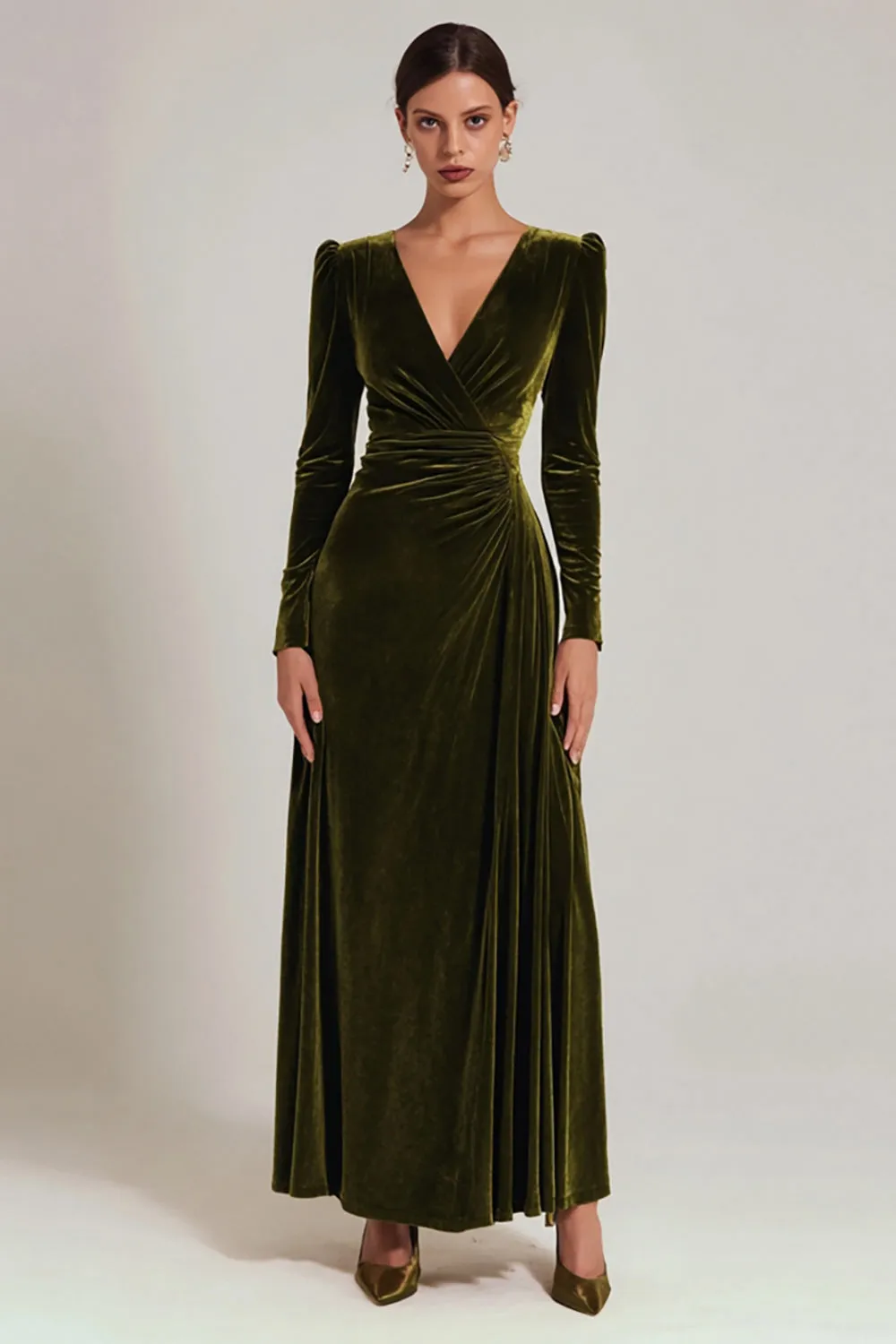 Olive Velvet A-Line V-Neck Holiday Dress With Long Sleeves sold by Wedtrend