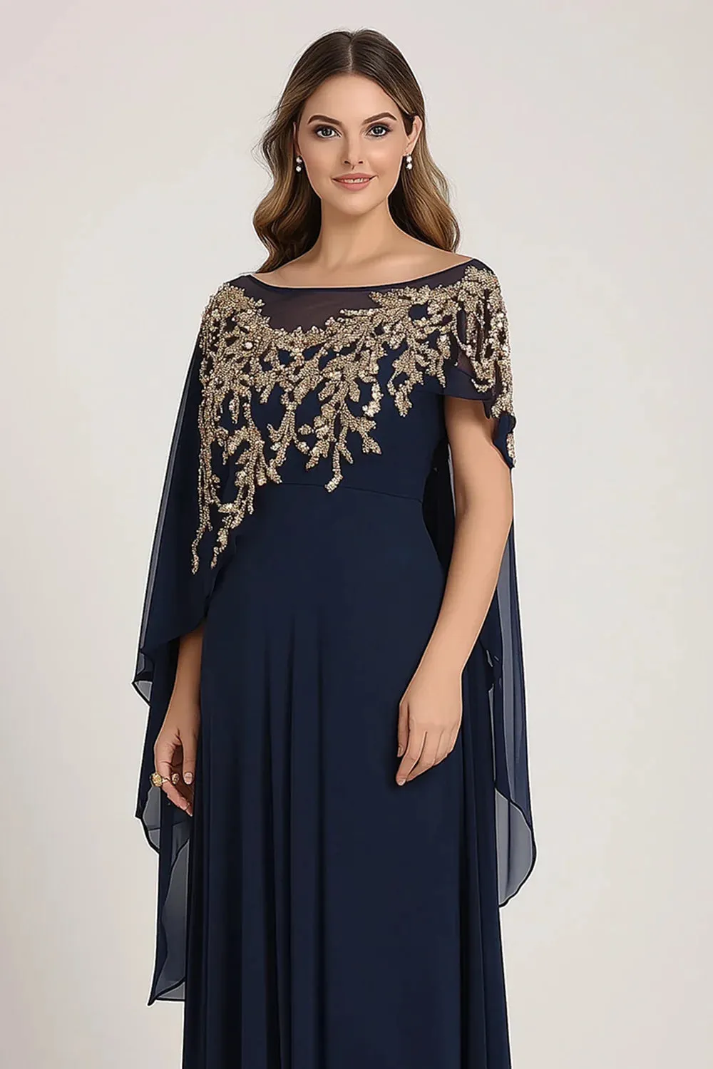 Navy Sheath Chiffon Beaded Mother Of The Bride Dress with Cape sold by Wedtrend product image thumbnail 4