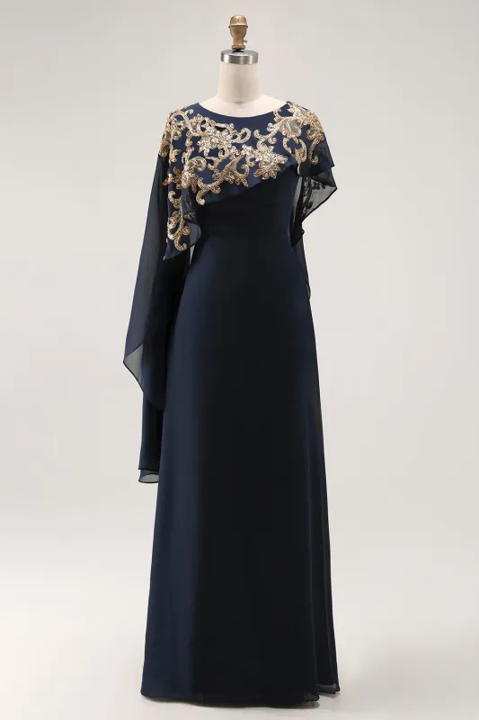 Navy Sheath Chiffon Beaded Mother Of The Bride Dress with Cape made by Wedtrend