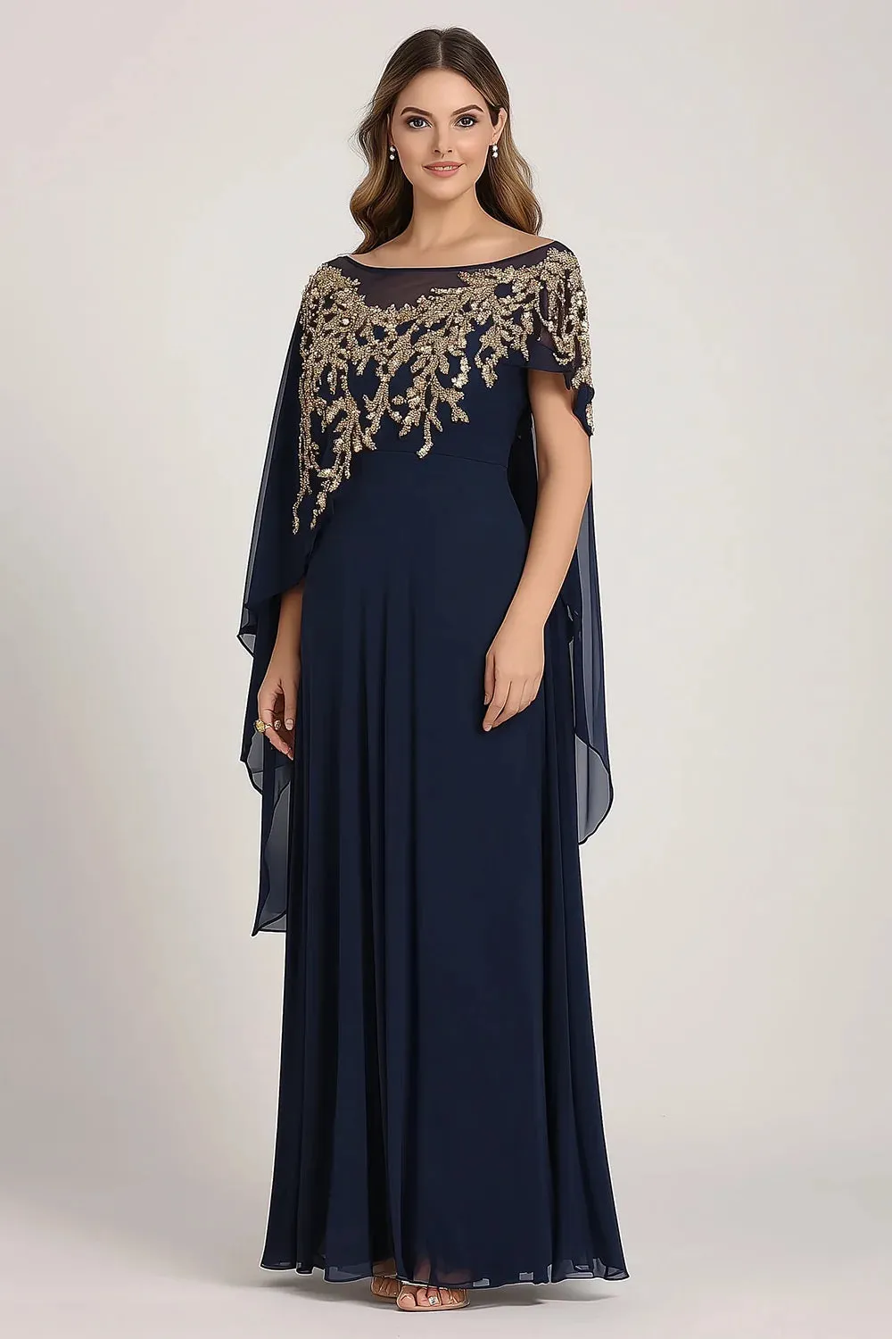 Navy Sheath Chiffon Beaded Mother Of The Bride Dress with Cape sold by Wedtrend product image thumbnail 3