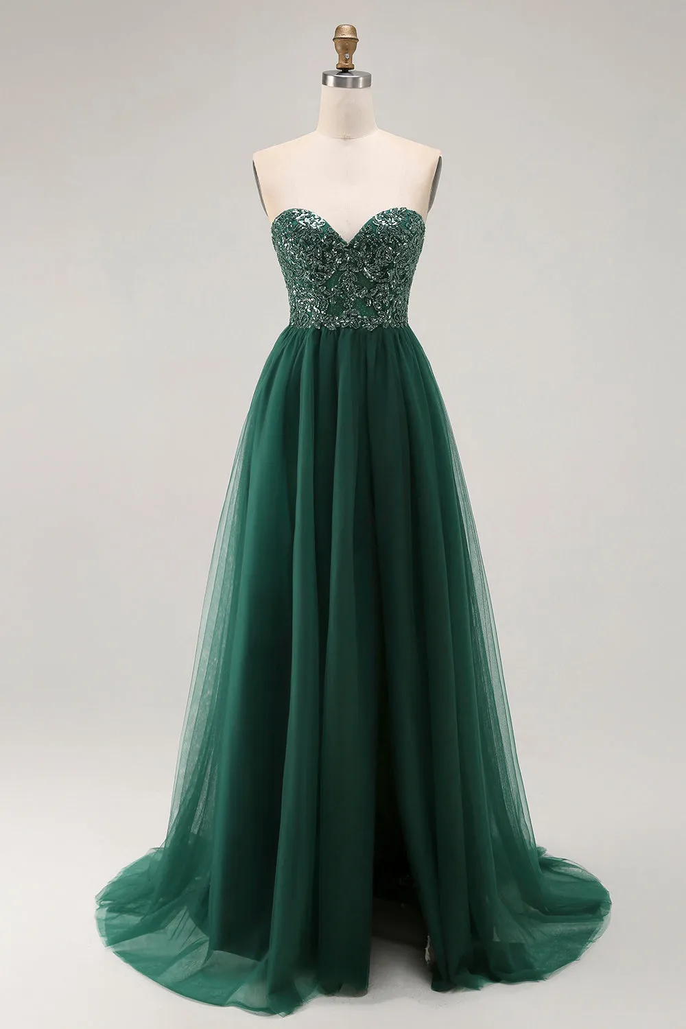 Dark Green A-Line Sweetheart Sequins Long Prom Dress with Slit sold by Wedtrend