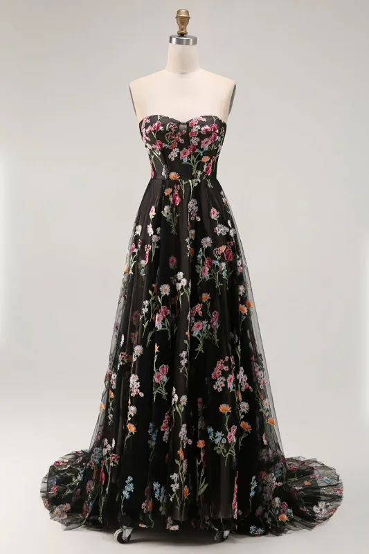 Black A-Line Strapless Tulle Embroidered Long Prom Dress with Lace Up Back made by Wedtrend