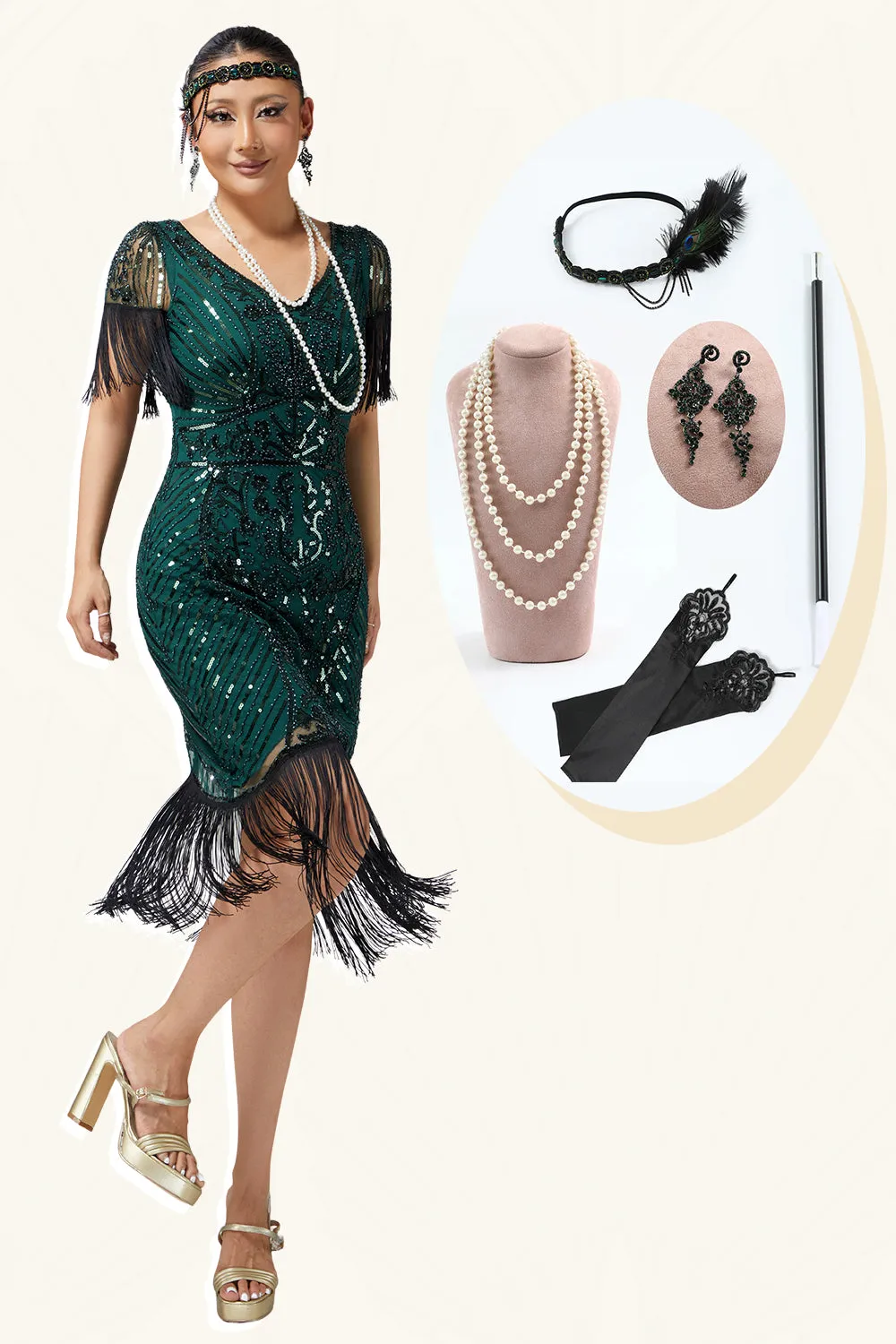 Dark Green Bodycon Sequins V-Neck Fringed 1920s Dress with 5-Piece Accessories Set sold by Wedtrend