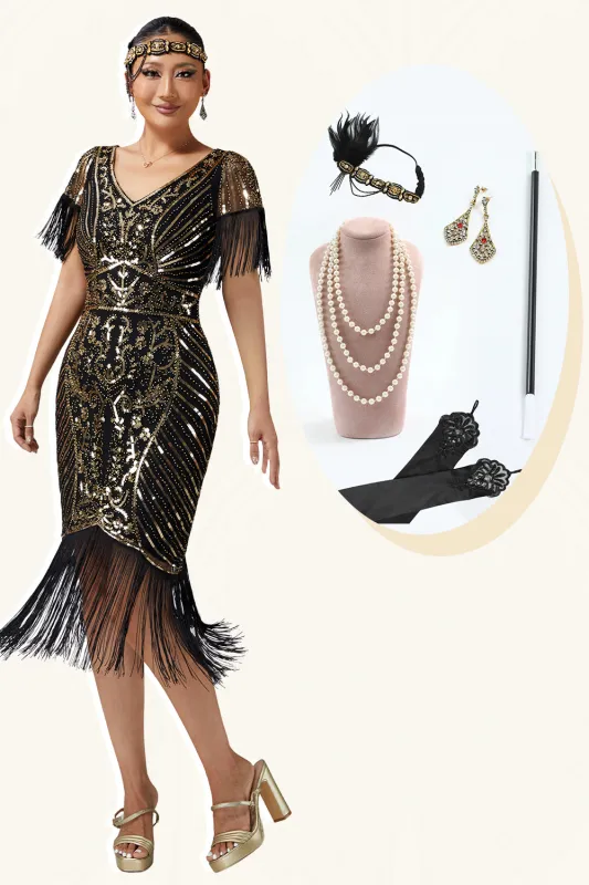 Sparkly Black Golden V-Neck Bodycon Fringed 1920s Dress with 5-Piece Accessories Set sold by Wedtrend