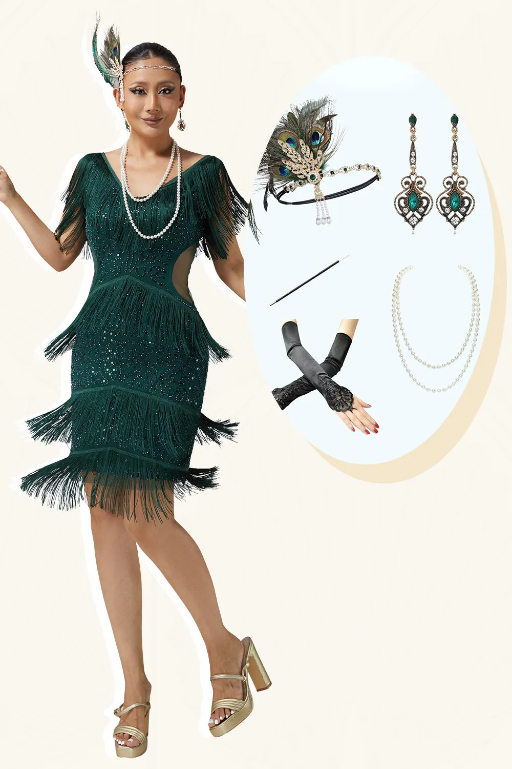 Dark Green V-Neck Fringed Bodycon 1920s Dress with 5-Piece Accessories Set sold by Wedtrend