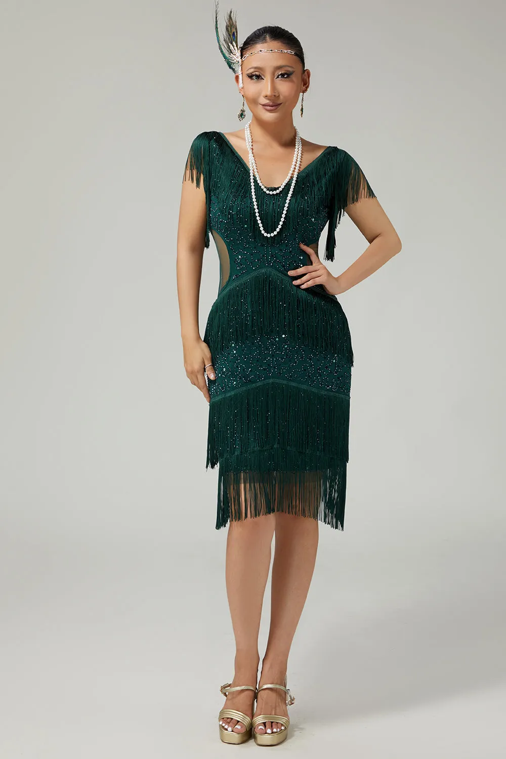 Dark Green V-Neck Fringed Bodycon 1920s Dress with 5-Piece Accessories Set sold by Wedtrend product image thumbnail 5