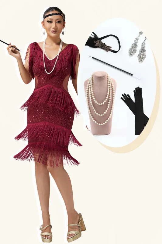 Burgundy Bodycon Cut Out Fringed 1920s Dress with Accessories Set sold by Wedtrend