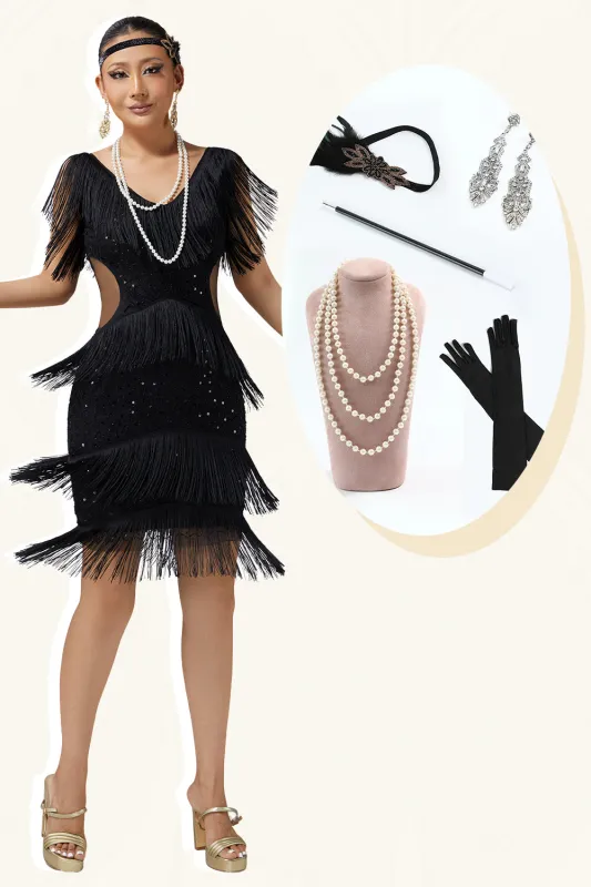 Black Bodycon Fringed Cut Out 1920s Dress with Accessories Set made by Wedtrend