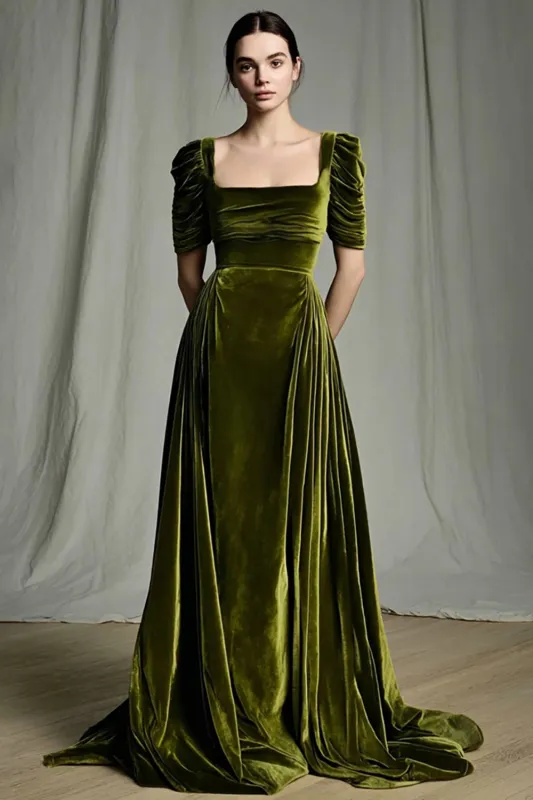 Olive Velvet A-Line Square Neck Ruched Maxi Holiday Dress with Sleeves sold by Wedtrend