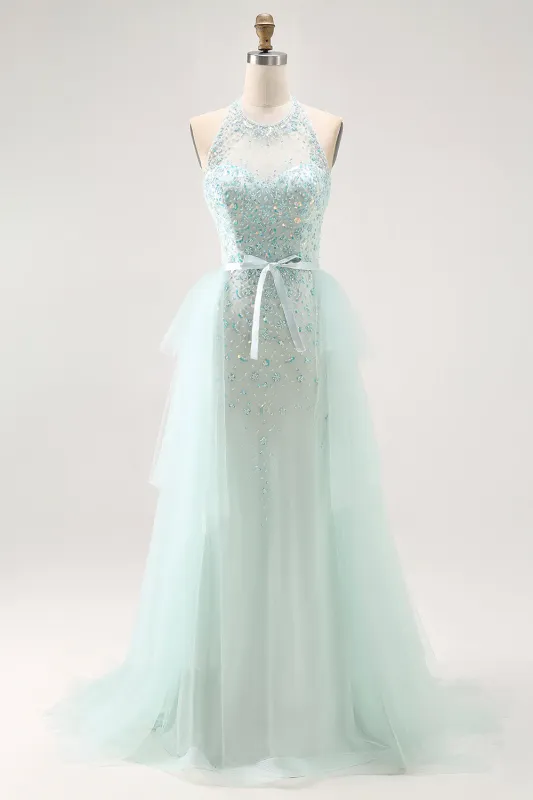 Light Green Halter Sequins Lace Up Back Long Prom Dress with Beading made by Wedtrend