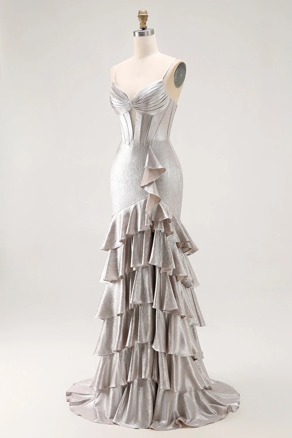 Grey Sheath Ruffled Spaghetti Straps Corset Long Prom Dress with Slit sold by Wedtrend product image thumbnail 3