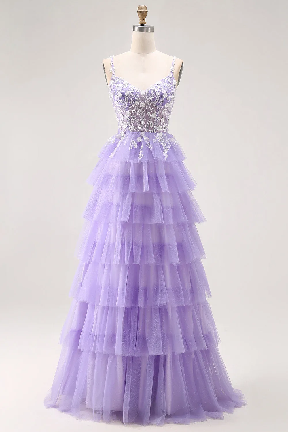 Purple A-Line Sequins Spaghetti Straps Long Prom Dress with Ruffles sold by Wedtrend