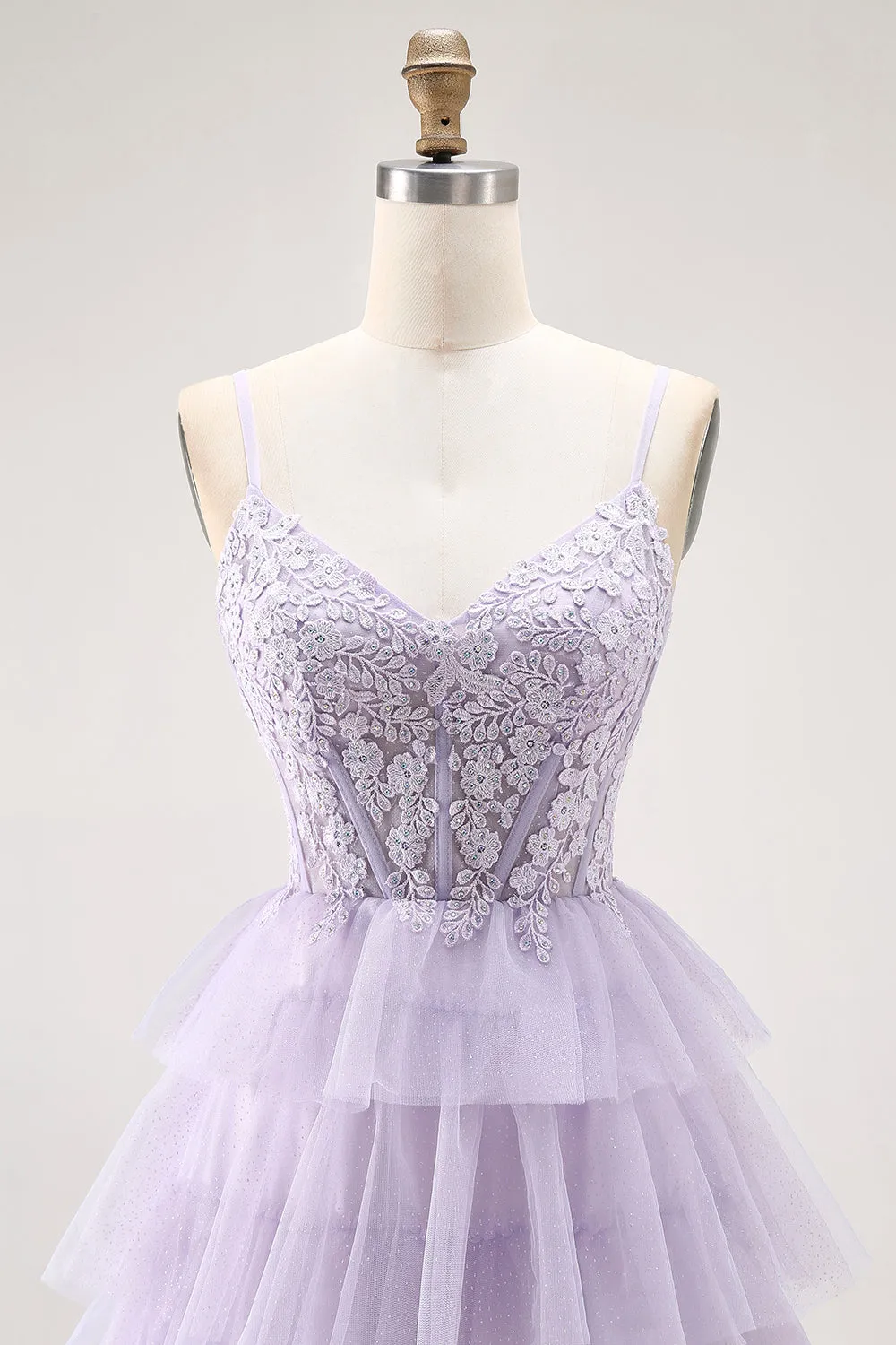Lilac A-Line Spaghetti Straps Corset Tiered Long Prom Dress with Appliques sold by Wedtrend product image thumbnail 4