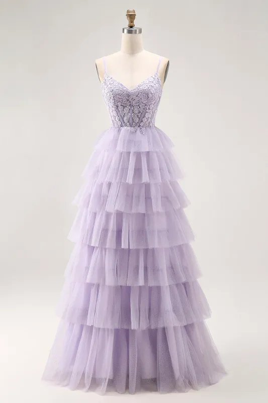 Lilac A-Line Spaghetti Straps Corset Tiered Long Prom Dress with Appliques made by Wedtrend