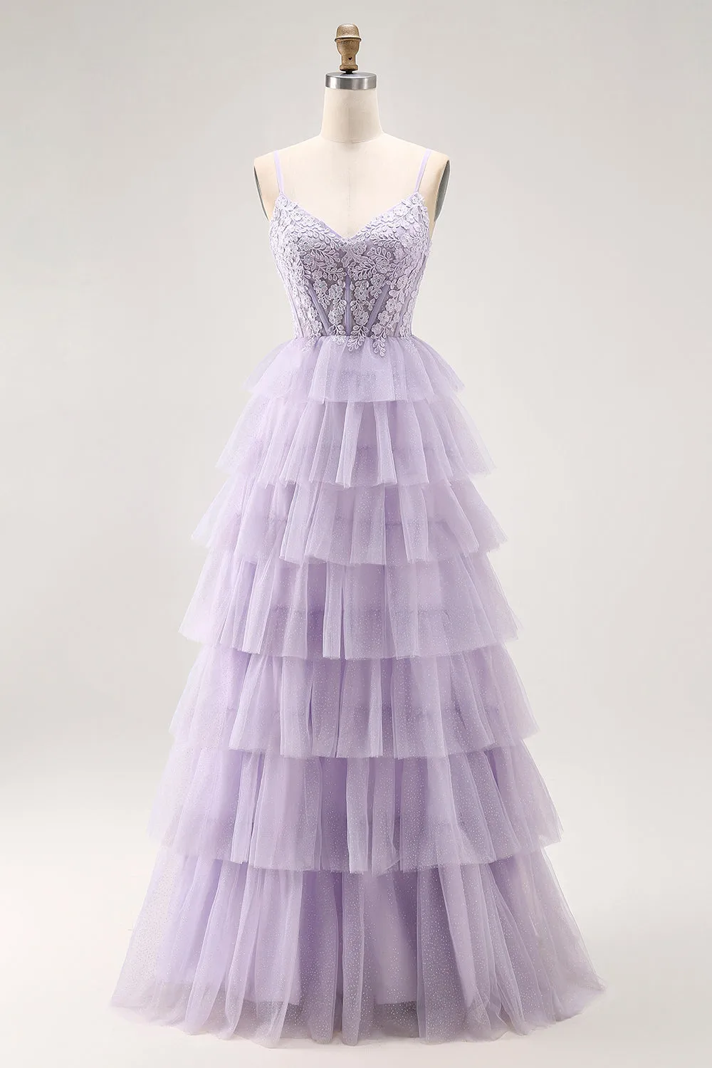 Lilac A-Line Spaghetti Straps Corset Tiered Long Prom Dress with Appliques sold by Wedtrend