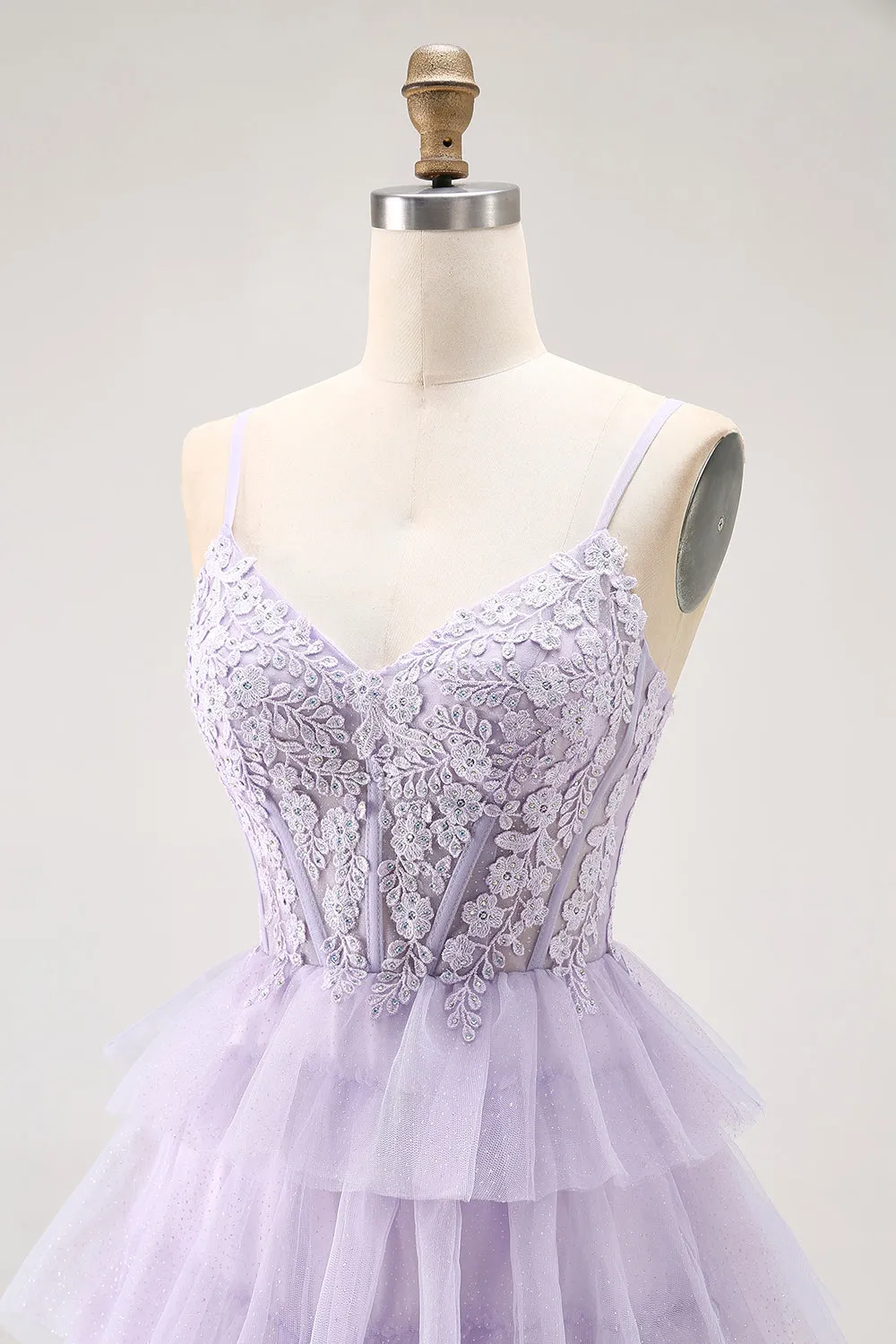 Lilac A-Line Spaghetti Straps Corset Tiered Long Prom Dress with Appliques sold by Wedtrend product image thumbnail 5