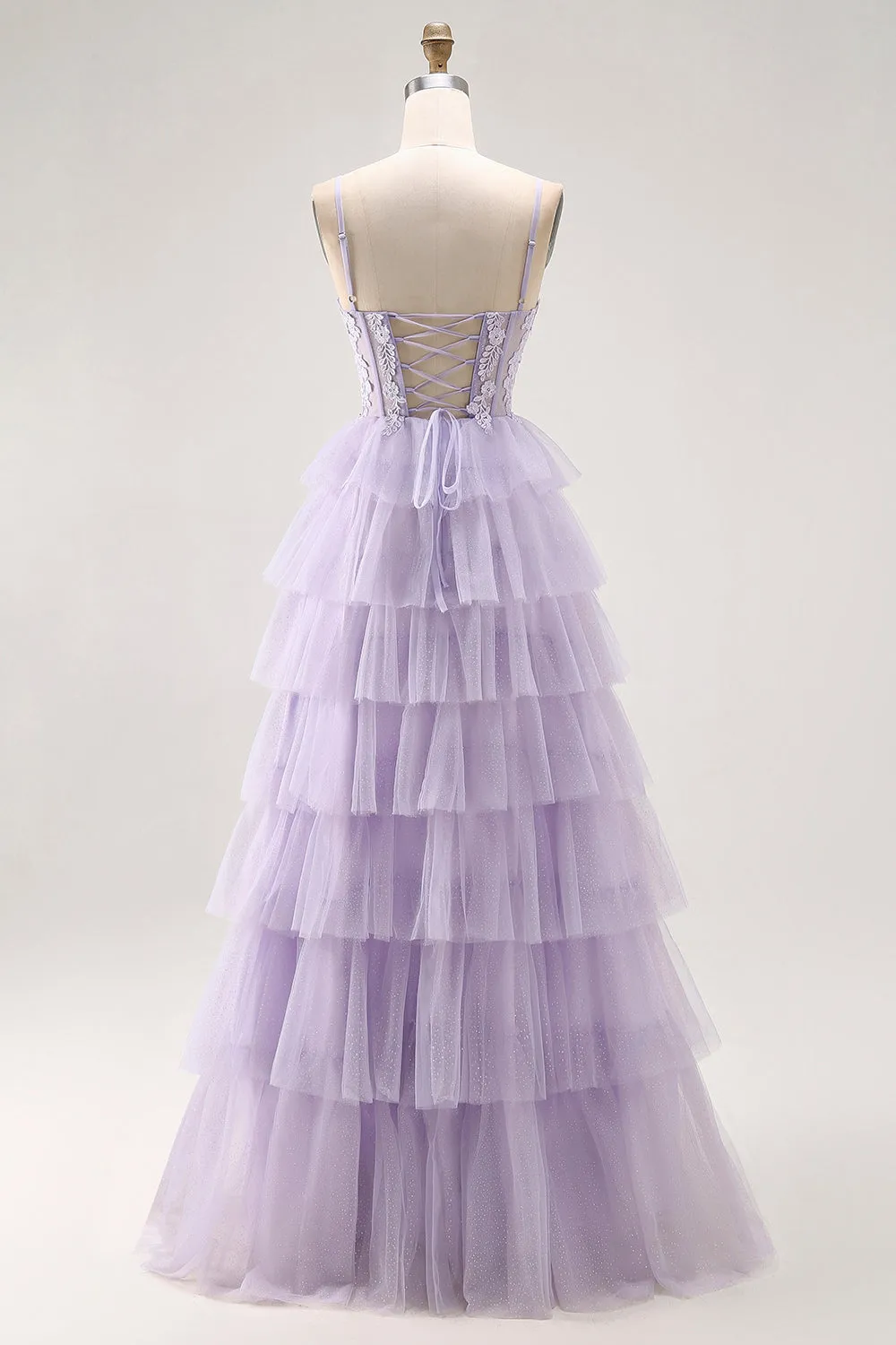 Lilac A-Line Spaghetti Straps Corset Tiered Long Prom Dress with Appliques sold by Wedtrend product image thumbnail 2
