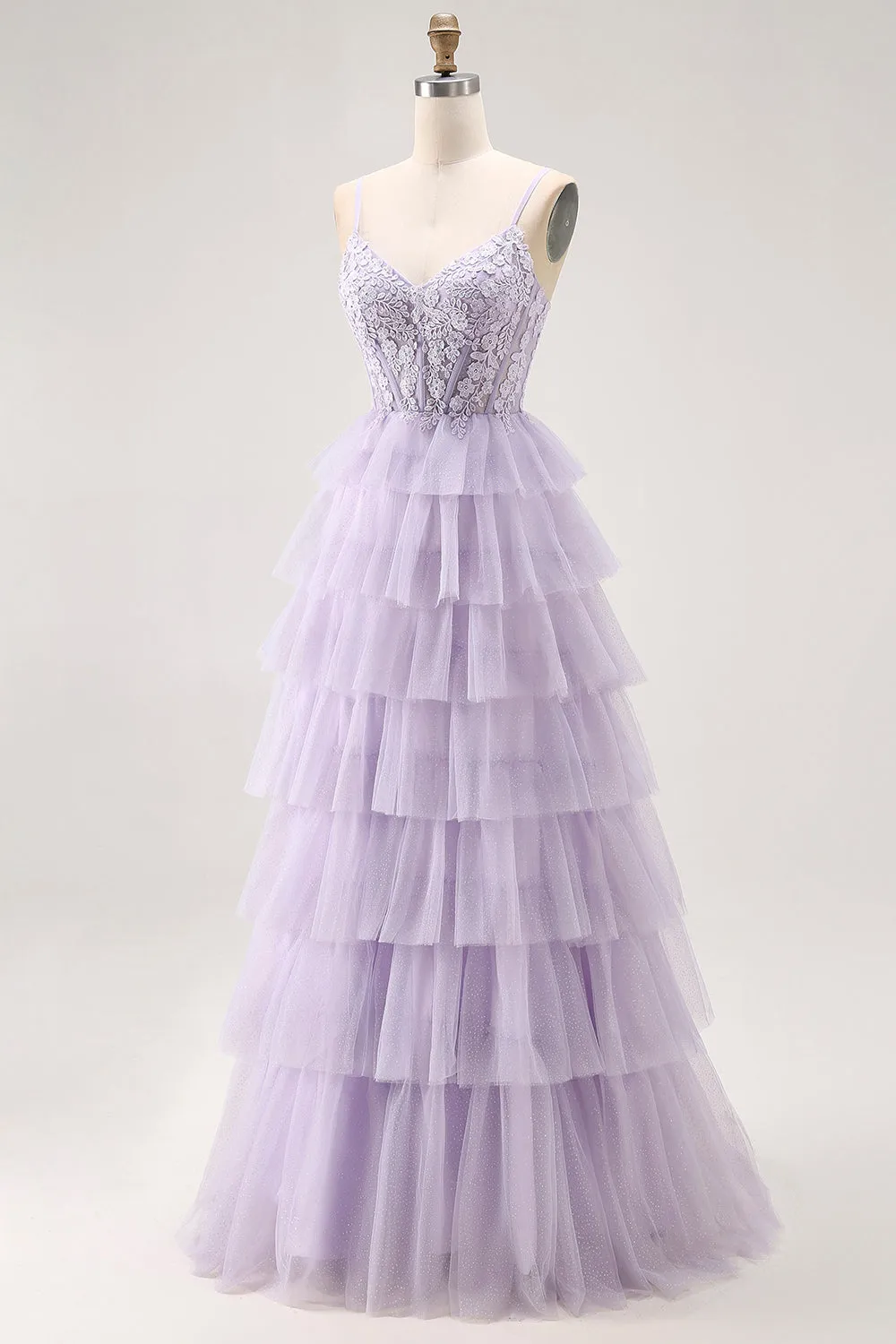 Lilac A-Line Spaghetti Straps Corset Tiered Long Prom Dress with Appliques sold by Wedtrend product image thumbnail 3