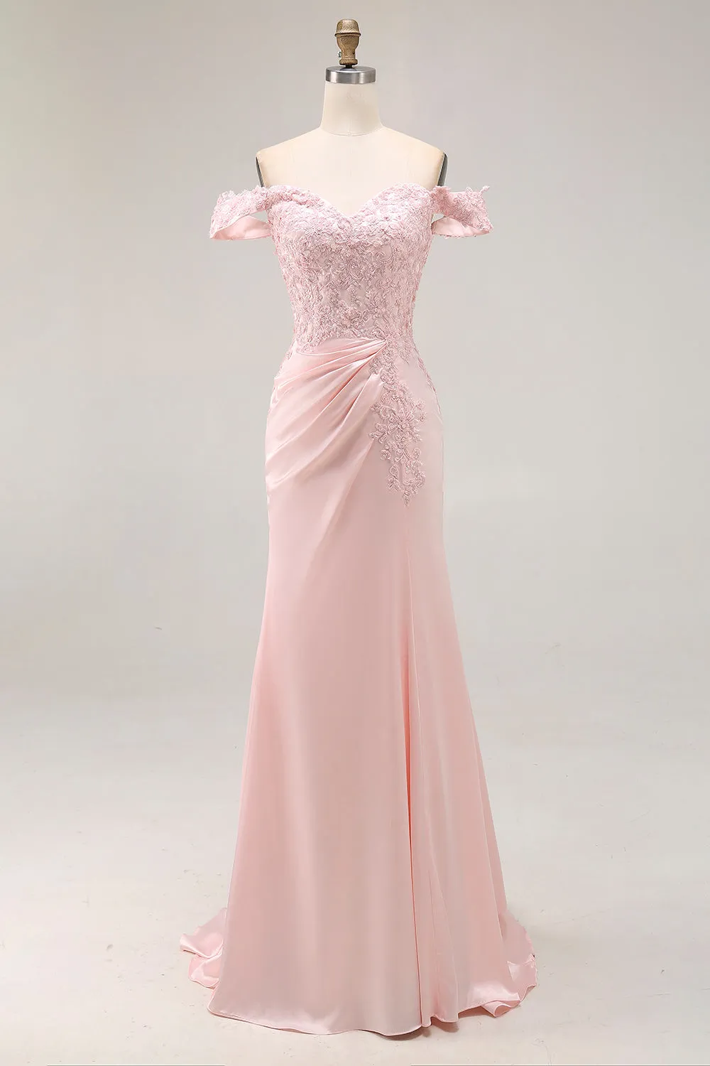 Mermaid Off the Shoulder Satin Pink Long Formal Dress with Lace sold by Wedtrend