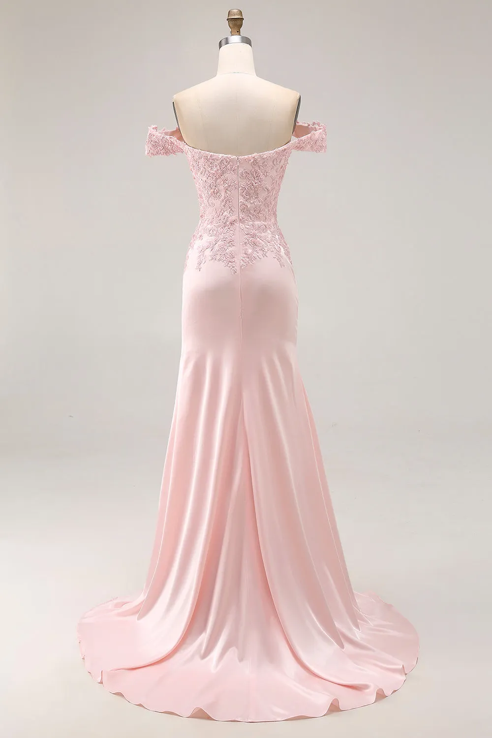 Mermaid Off the Shoulder Satin Pink Long Formal Dress with Lace sold by Wedtrend product image thumbnail 2