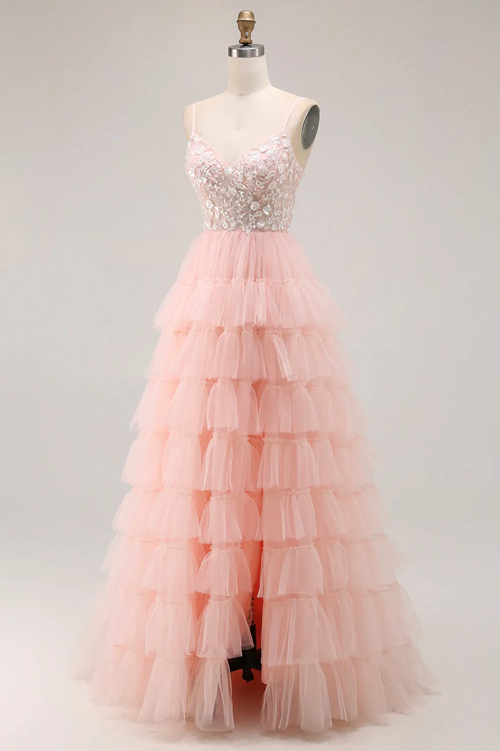 Blush A Line Sequins Tiered Spaghetti Straps Corset Long Prom Dress with Slit sold by Wedtrend product image thumbnail 3