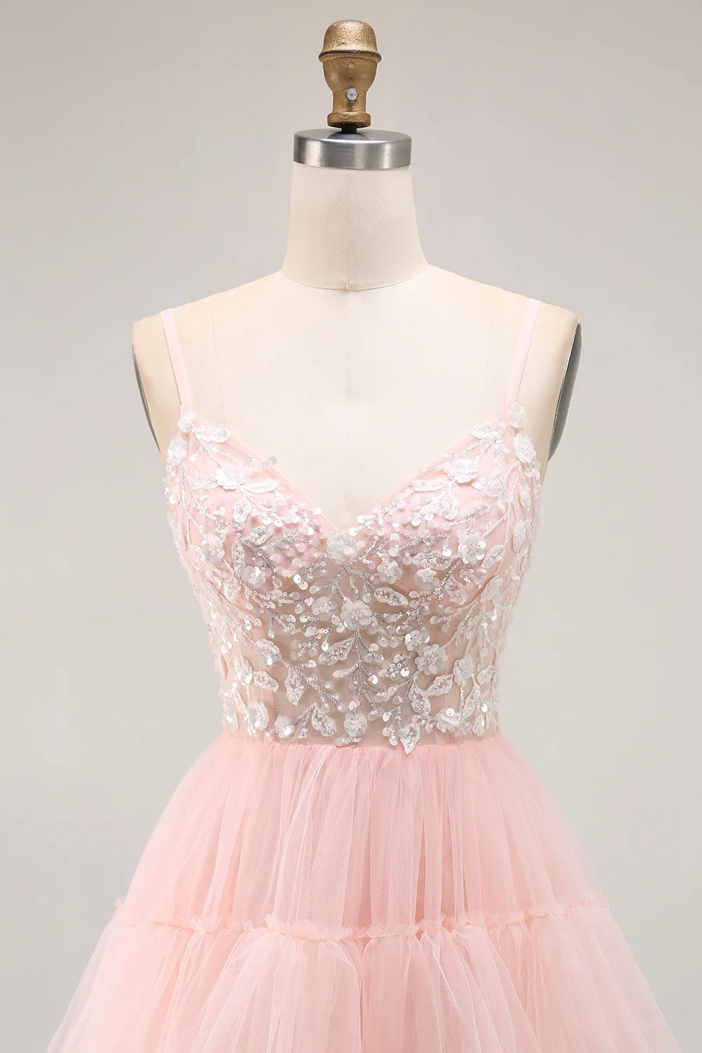 Blush A Line Sequins Tiered Spaghetti Straps Corset Long Prom Dress with Slit sold by Wedtrend product image thumbnail 4