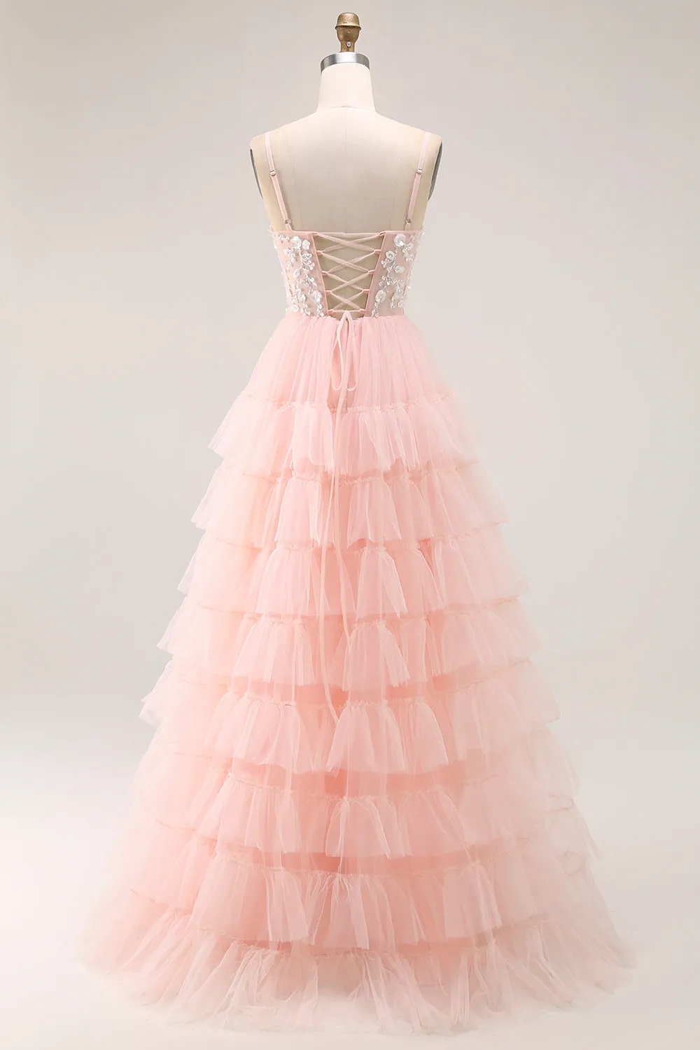 Blush A Line Sequins Tiered Spaghetti Straps Corset Long Prom Dress with Slit sold by Wedtrend product image thumbnail 2