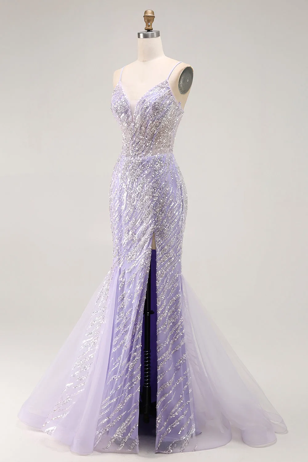 Sparkly Purple Mermaid Spaghetti Straps Corset Long Prom Dress with Slit sold by Wedtrend product image thumbnail 3