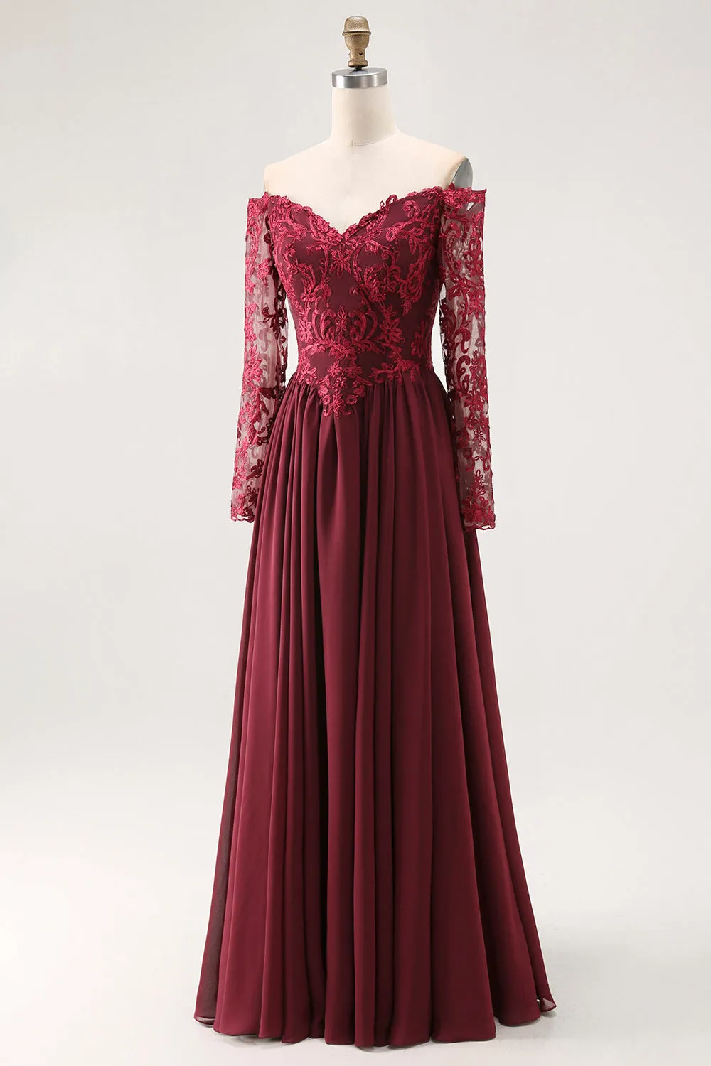 Cabernet A-Line Lace Off The Shoulder Mother Of The Bride Dress with Long Sleeves sold by Wedtrend product image thumbnail 3